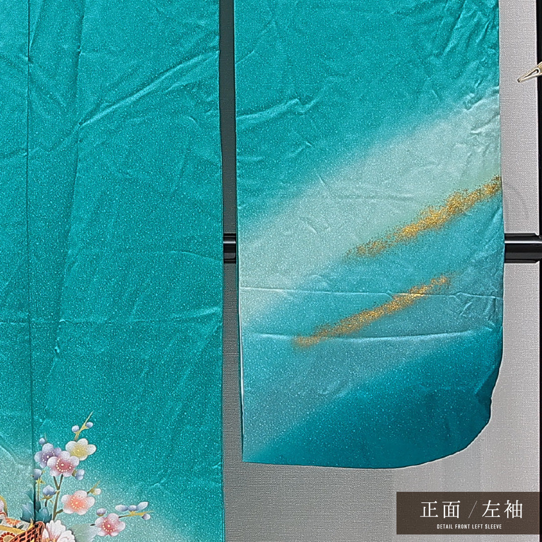 振袖 袷 身丈167cm 裄丈66cm 正絹 Aランク フォーマル 広衿 XLサイズ 御所車 梅 青系 RP 1215-06987