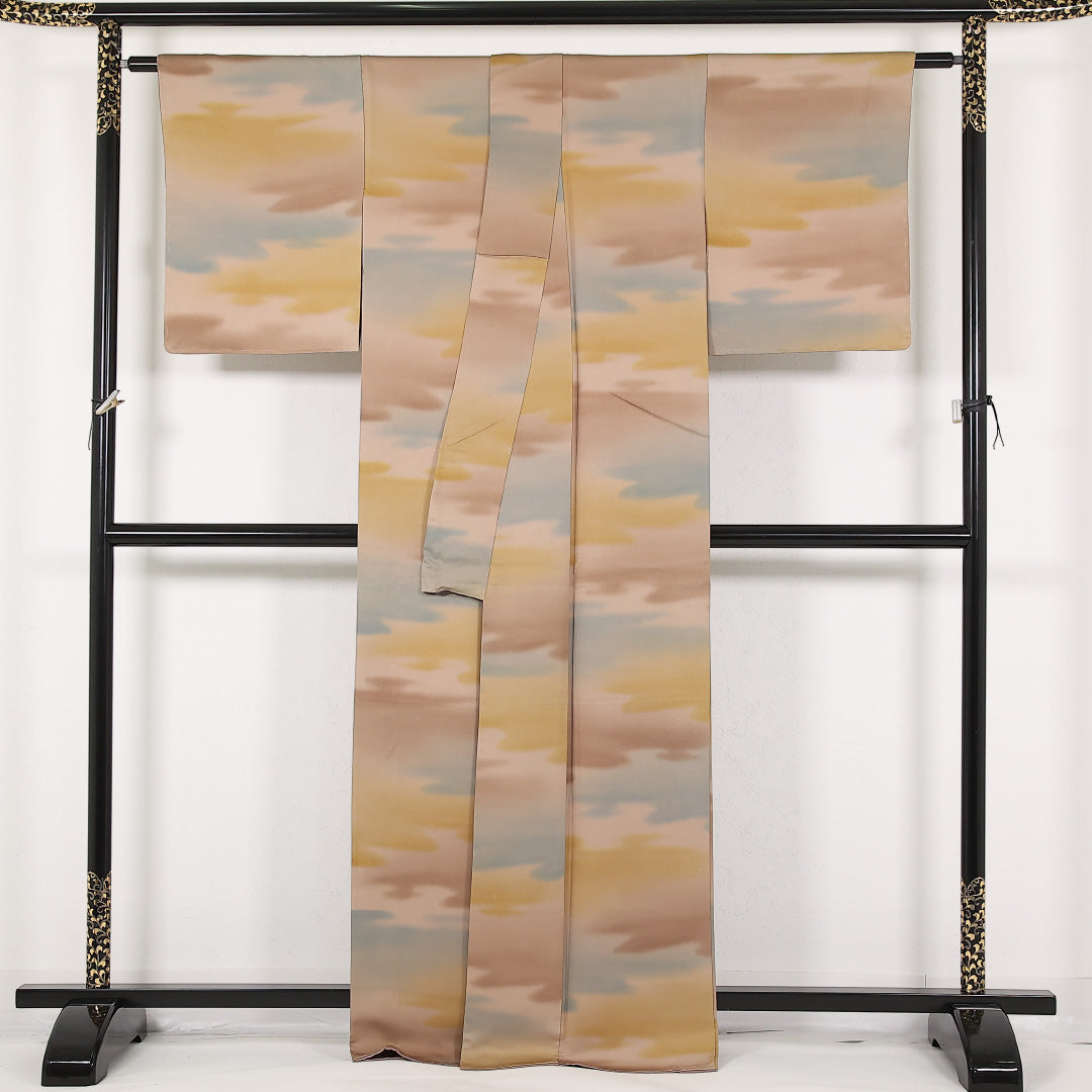 小紋 袷 身丈164cm 裄丈64cm 正絹 Sランク インフォーマル 広衿 Lサイズ 霞 多色系 M4 1221-17474