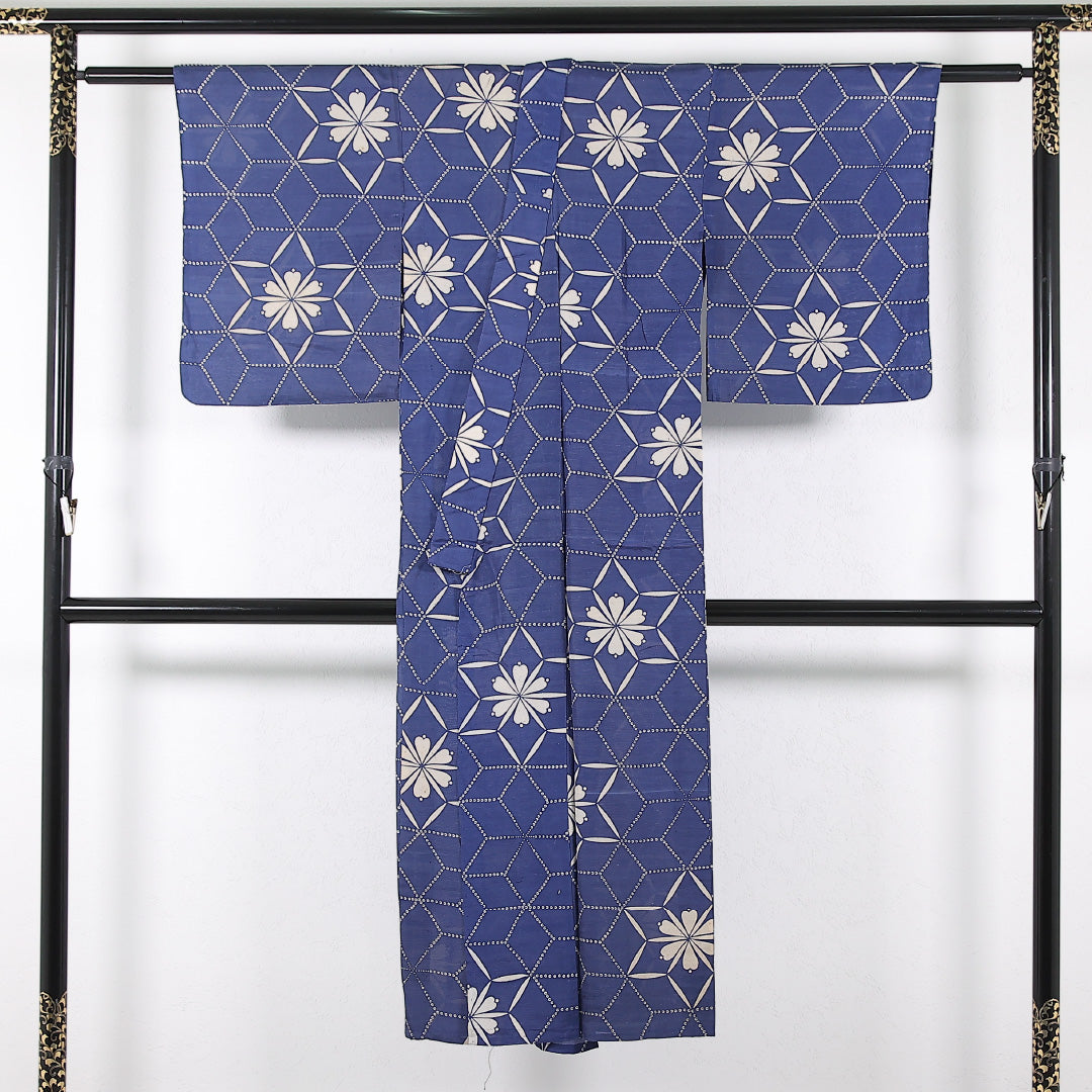 アンティーク 夏物 小紋 身丈139cm 裄丈61cm 正絹 Cランク バチ衿 Mサイズ 麻の葉 青系 RP 1221-17385