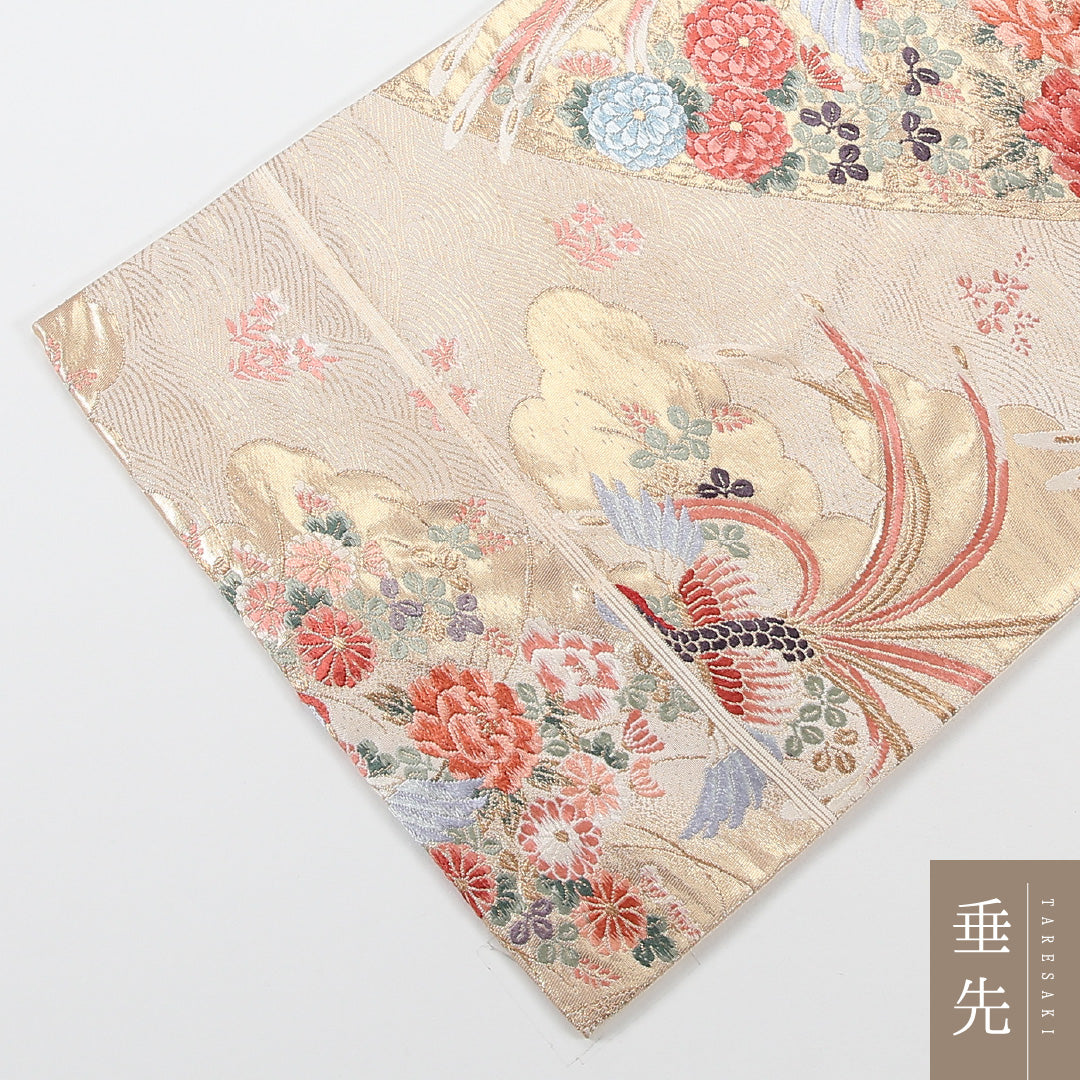 尾長鳥 袋帯 帯丈428cm 正絹 六通 フォーマル クリーム系 白系 1243-02582