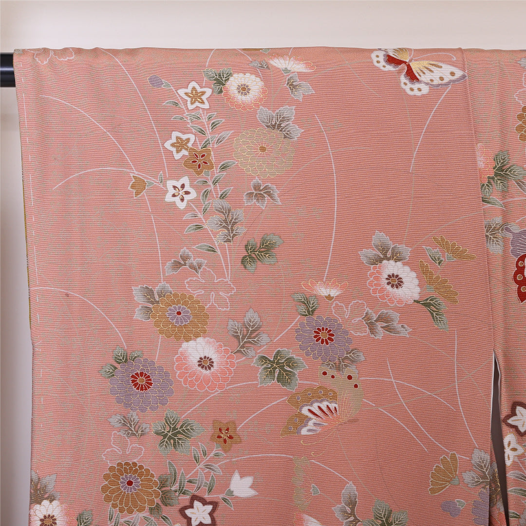 小紋 袷 身丈161cm 裄64cm ピンク系 菊 桔梗や蝶 金彩 正絹 Aランク 1215-01948-3413