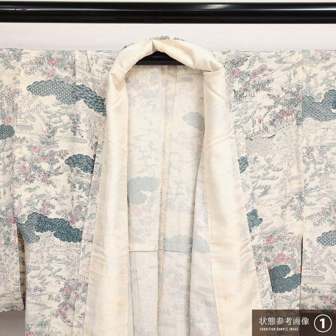 小紋 単衣 身丈152cm 裄丈60cm 正絹 Bランク インフォーマル 広衿 Sサイズ 御所解 クリーム系 RP 1221-14024