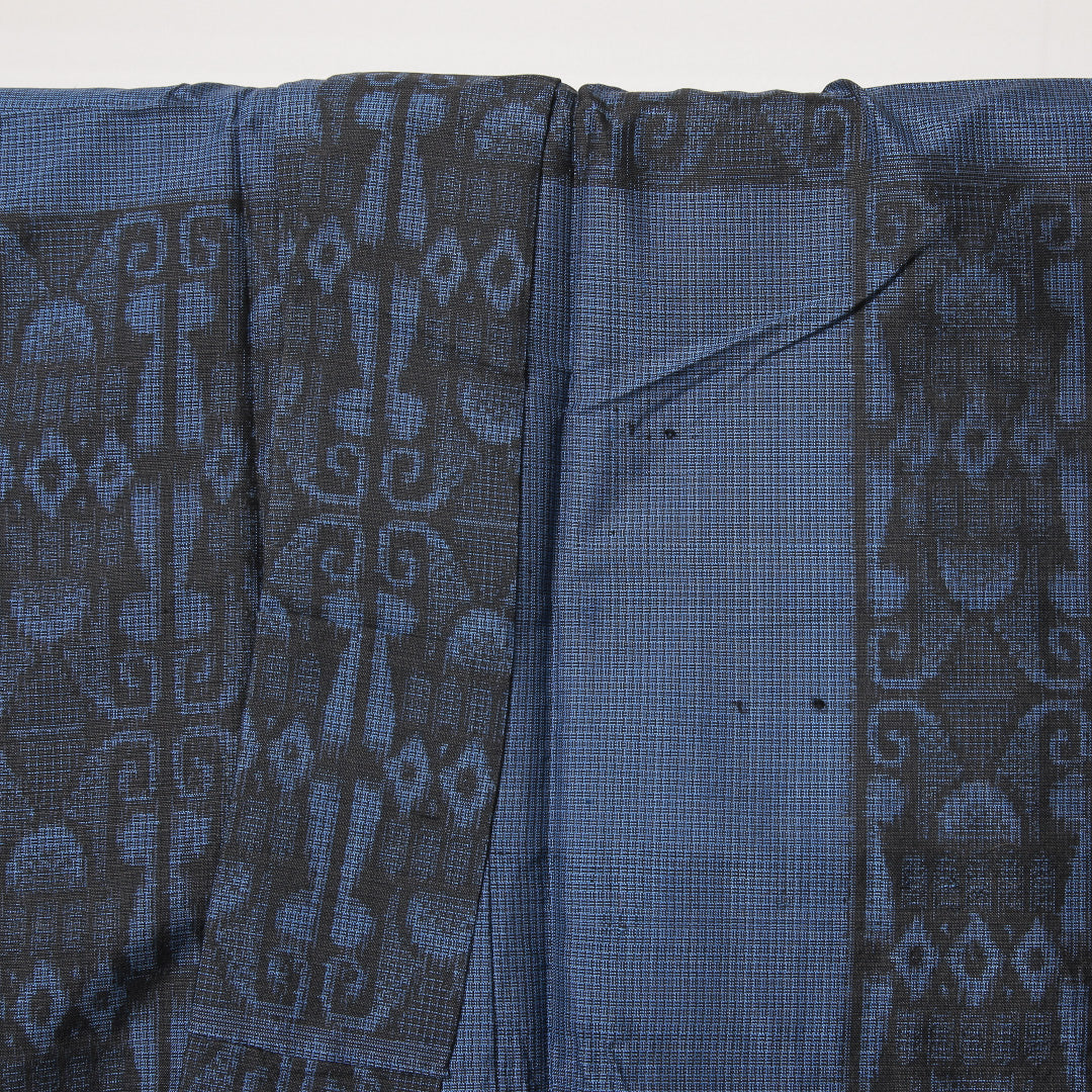 紬 単衣 身丈151cm 裄丈62cm 正絹 Bランク Sサイズ バチ衿 カジュアル 市松 青系 1216-03505