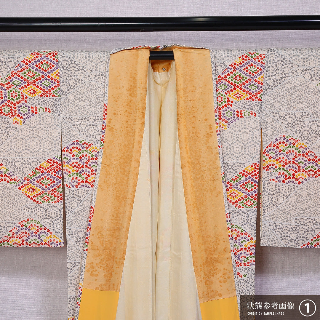 小紋 袷 身丈168cm 裄丈62cm 正絹 Bランク インフォーマル 広衿 XLサイズ 亀甲 桜 グレー系 HP 1221-11061