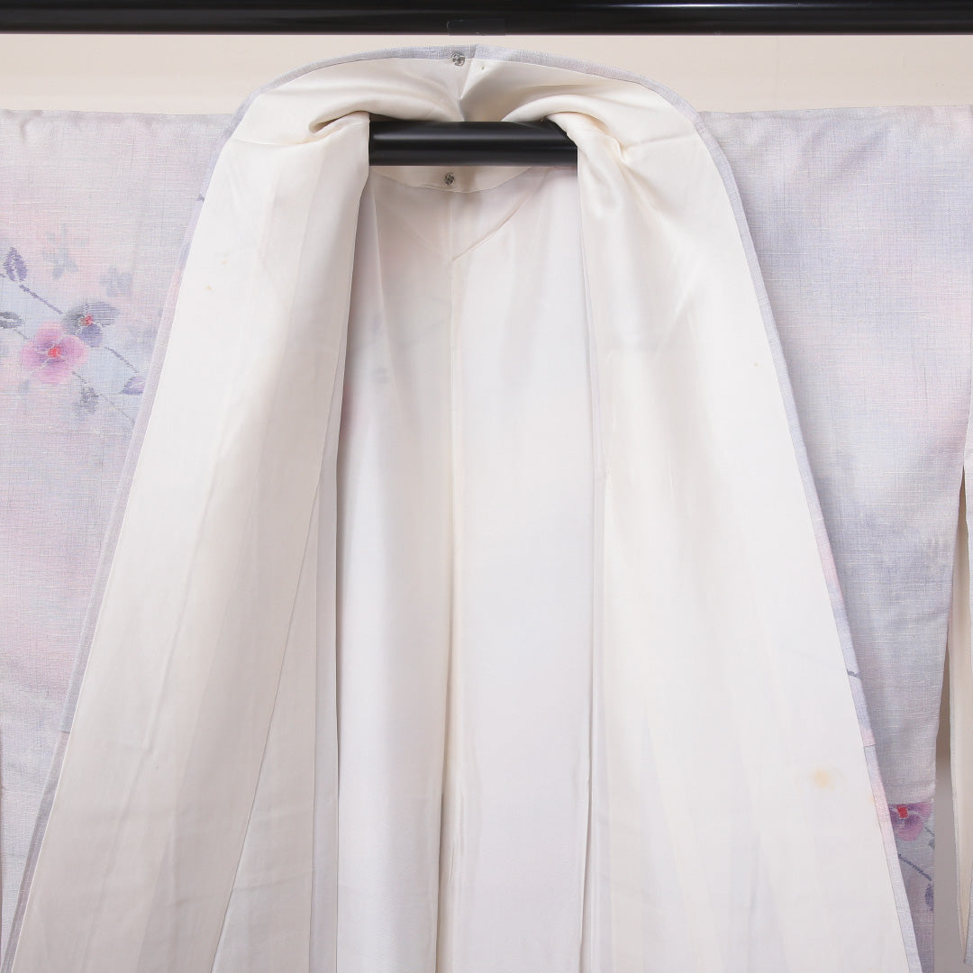 紬 袷 身丈163cm 裄丈66cm 正絹 Cランク カジュアル 広衿 Lサイズ ぼかし染 花柄 白系 HP 1223-03604