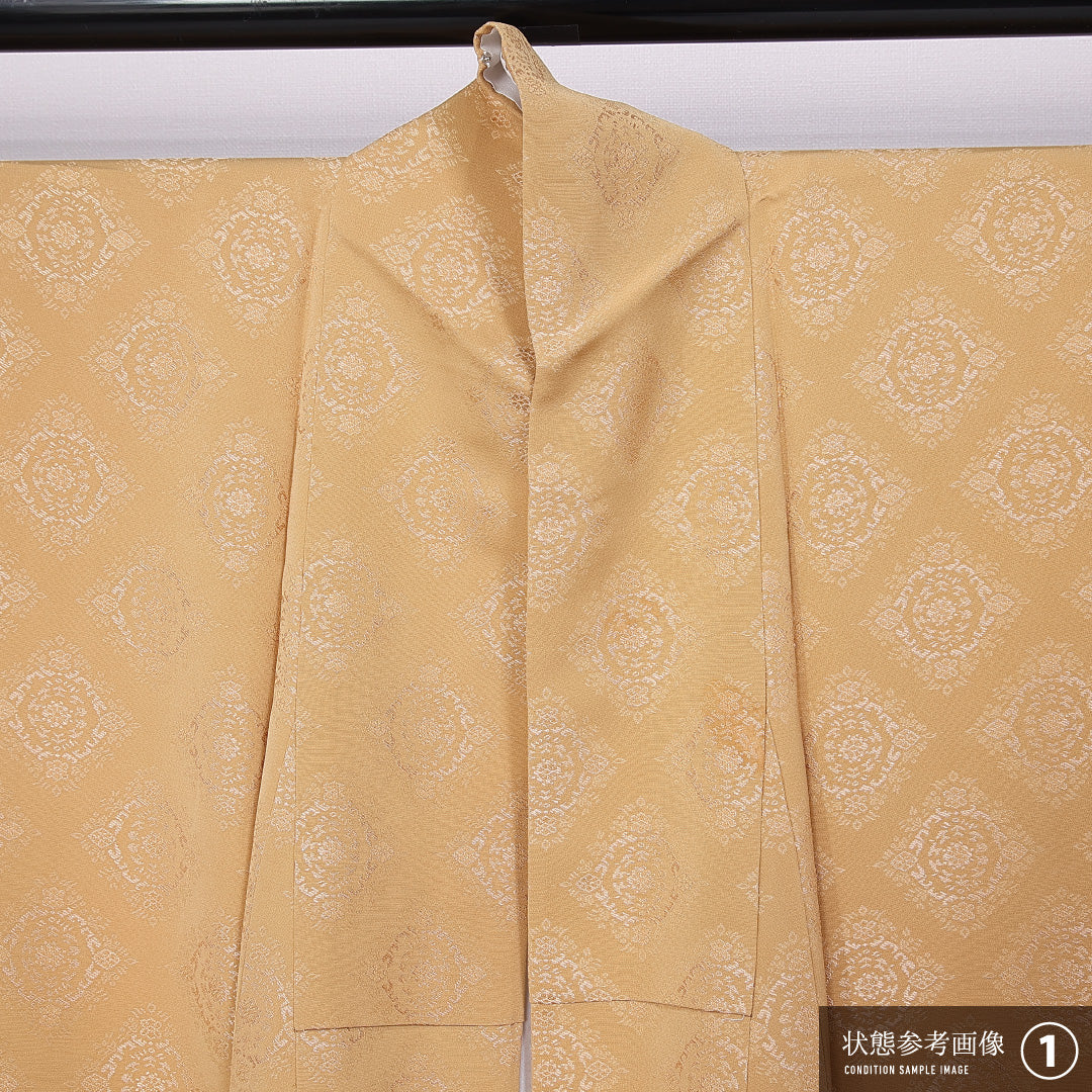 色無地 袷 身丈163cm 裄丈64cm 正絹 Bランク 一つ紋 (中陰蔦) セミフォーマル 広衿 Lサイズ アラベスク文様 黄系 HP 1219-11229