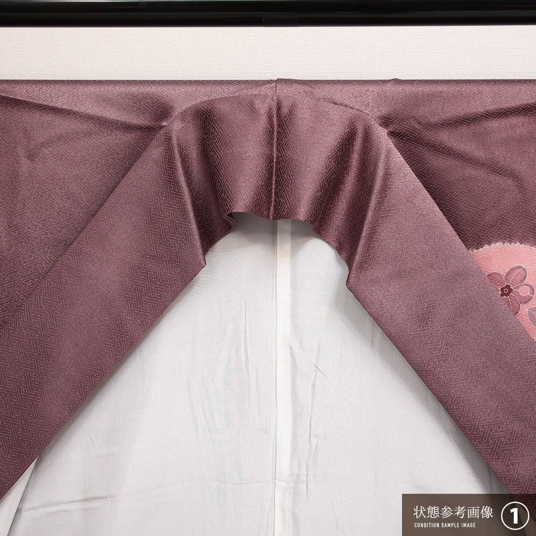 訪問着 袷 身丈157cm 裄丈63cm 正絹 Sランク 紋意匠 (紗綾形) セミフォーマル 広衿 Mサイズ 辻が花調 花柄 紫系 RP 1217-14010