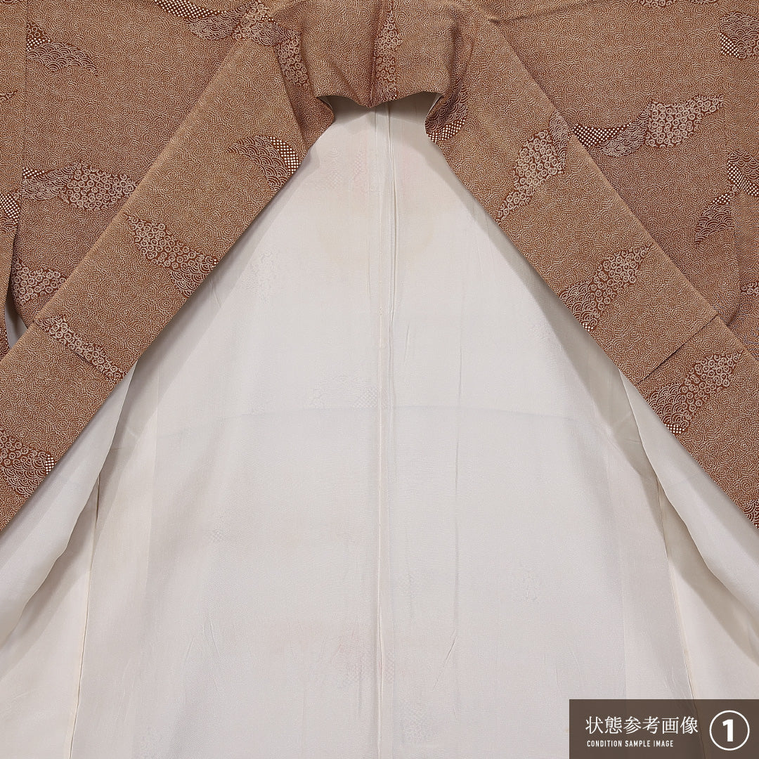 江戸小紋 (寄せ柄) 袷 身丈147cm 裄丈63cm 正絹 Aランク インフォーマル 広衿 XSサイズ 茶系 RP 1220-11283