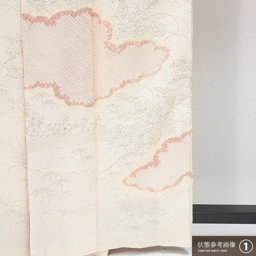 付下げ(総絞り) 袷 身丈158cm 裄丈60cm 正絹 Bランク Mサイズ 広衿 セミフォーマル 雲取り クリーム系 1261-14871