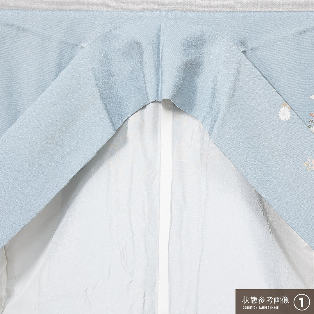 訪問着 袷 身丈144cm 裄丈59cm 正絹 Aランク セミフォーマル 広衿 XSサイズ 短冊 菊 水色系 RP 1217-14902