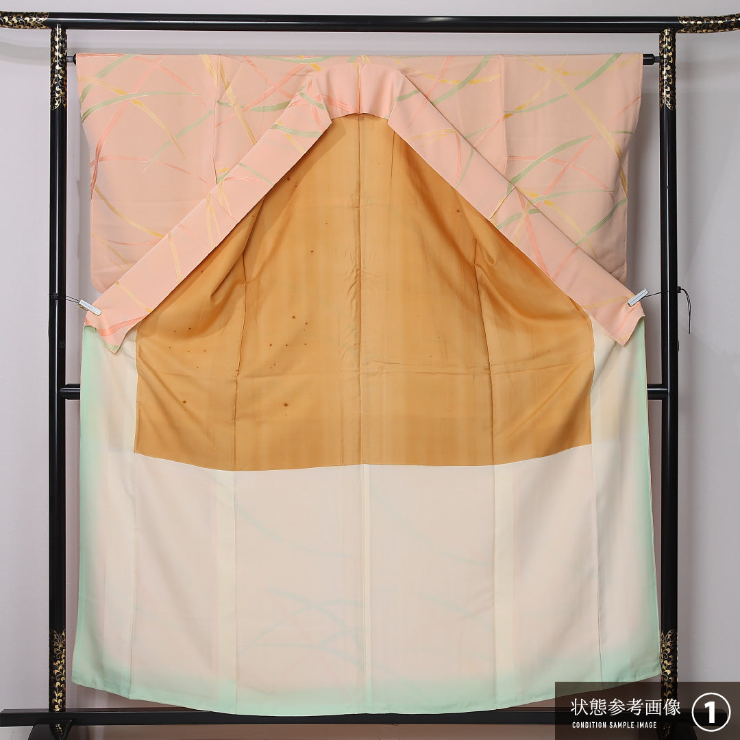 小紋 袷 身丈157cm 裄丈63cm 正絹 Aランク インフォーマル 広衿 Mサイズ 芝草 ピンク系 HP 1221-12380