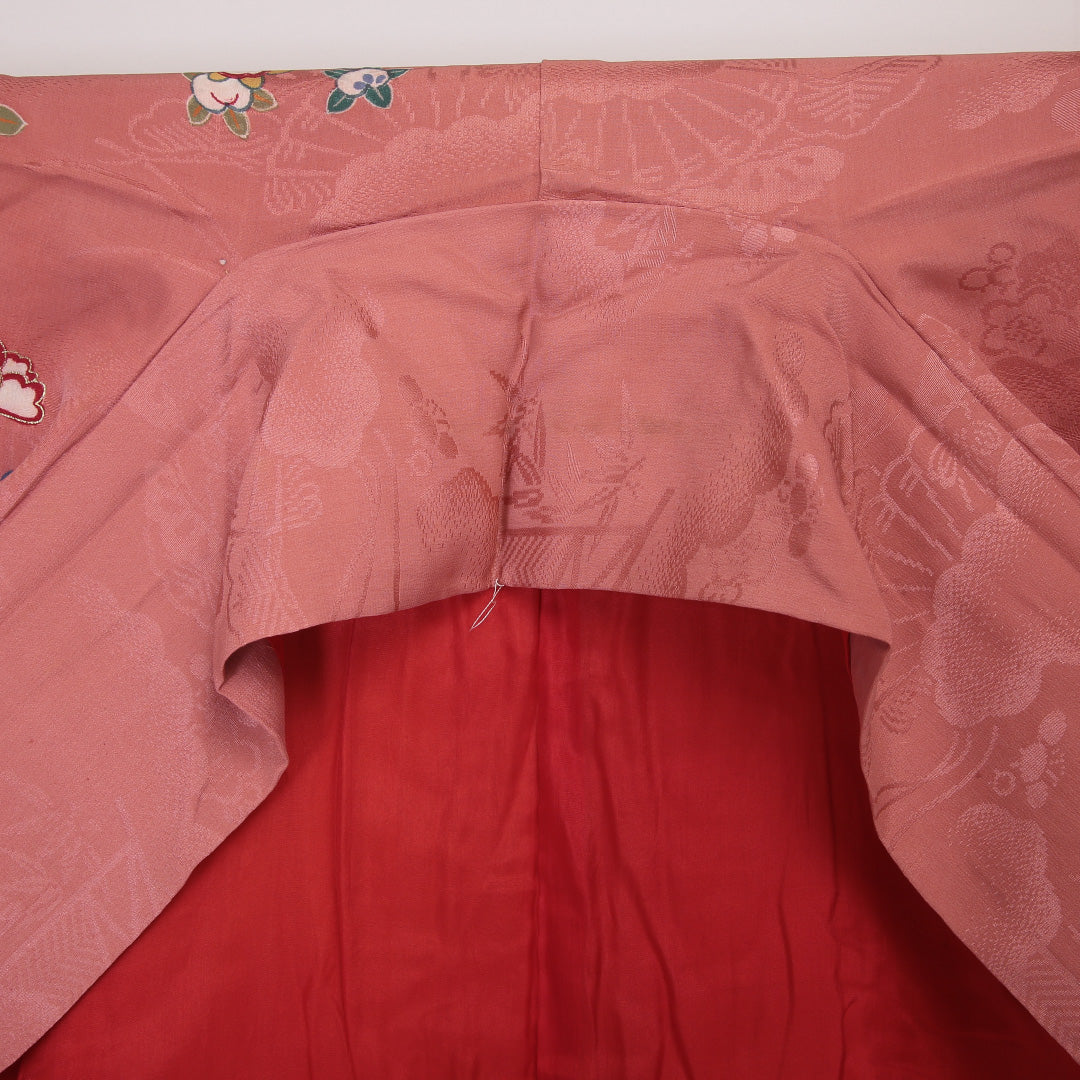 アンティーク 訪問着 袷 145 ~ 154cm 身丈150~154cm 正絹 牡丹 梅や菊 ピンク系 Aランク 1212-00530