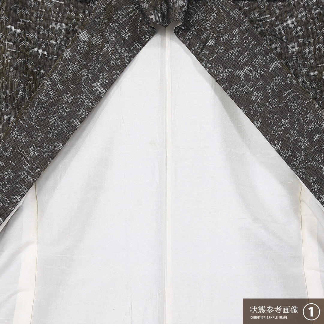 紬 袷 身丈160cm 裄丈62cm 正絹 Aランク カジュアル 広衿 Lサイズ 笹 茶系 RP 1223-11304