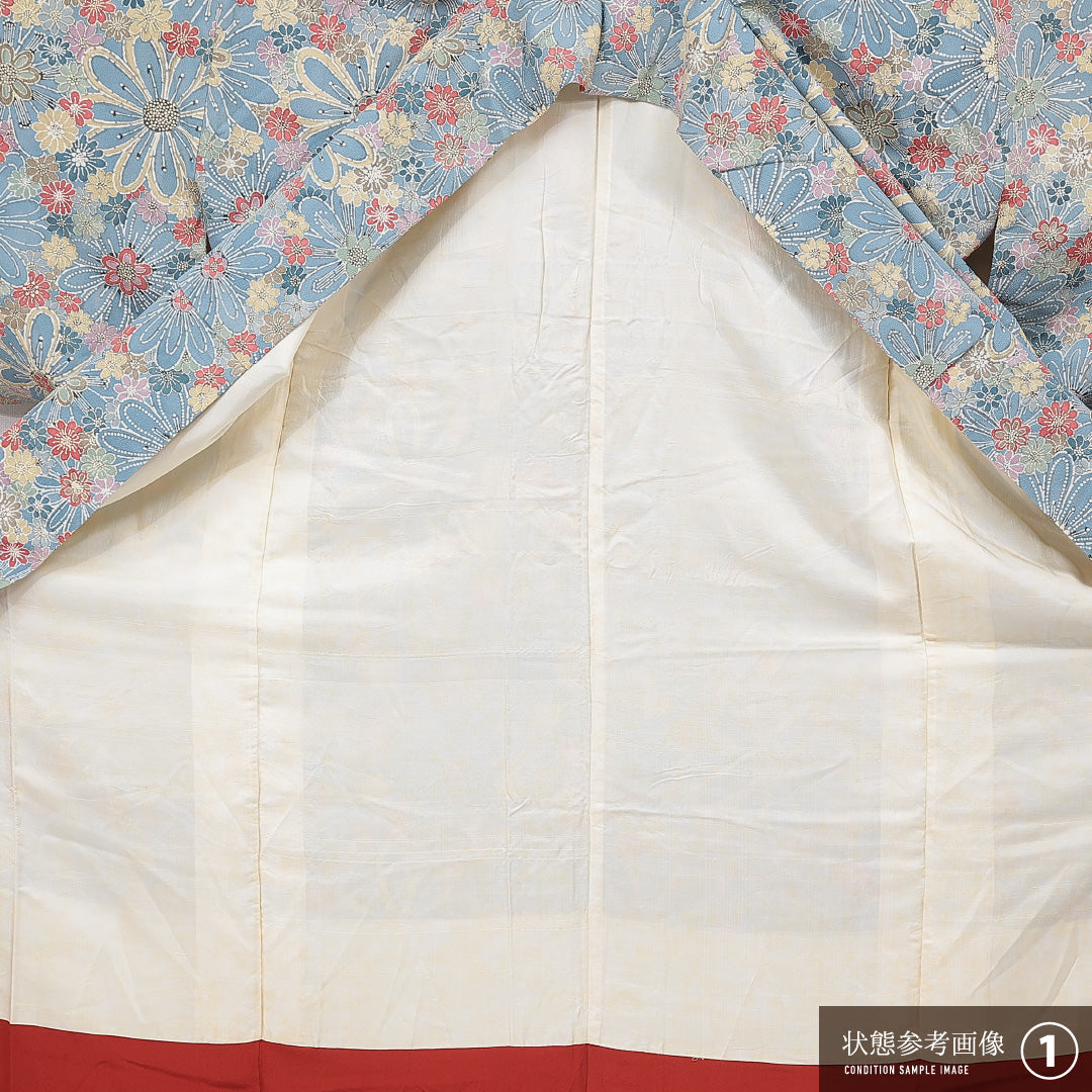小紋 袷 身丈162cm 裄丈63cm 正絹 Aランク インフォーマル 広衿 Lサイズ 菊 水色系 HP 1221-15622