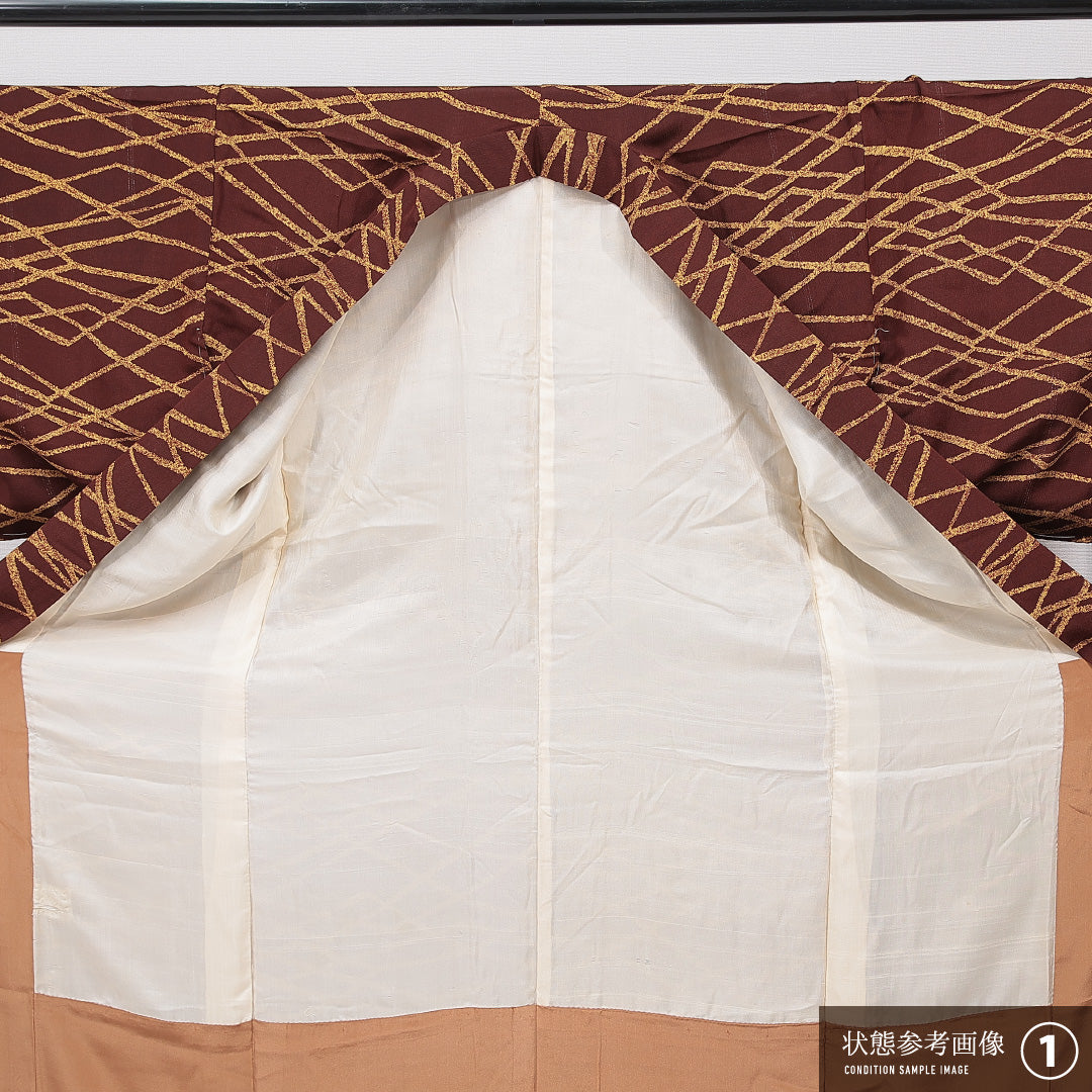 小紋 袷 身丈159cm 裄丈64cm 正絹 Sランク インフォーマル バチ衿 Mサイズ 創作柄 茶系 RP 1221-15616