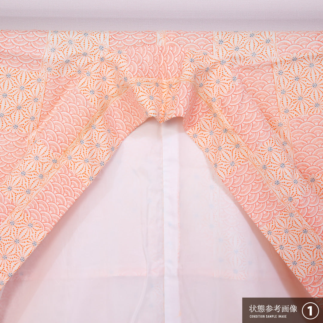 洗える着物 小紋 袷 身丈163cm 裄丈64cm ポリエステル Aランク インフォーマル 広衿 Lサイズ 麻の葉 青海波 ピンク系 HP 1221-11456