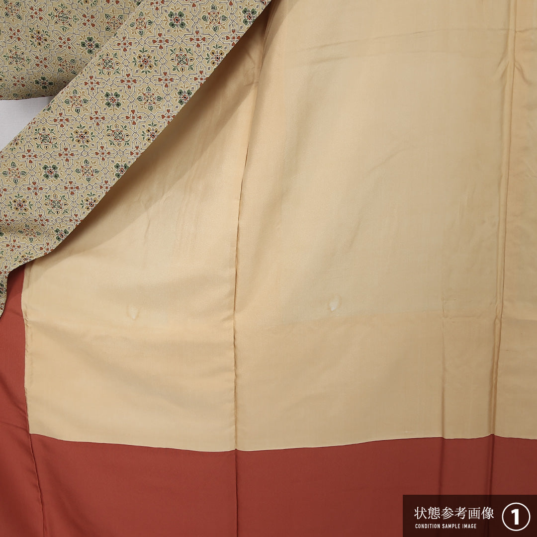 小紋 身丈150cm 裄丈63cm Aランク S 正絹 袷 広衿 オリエンタル 花菱 カジュアル 緑系 1215-11996