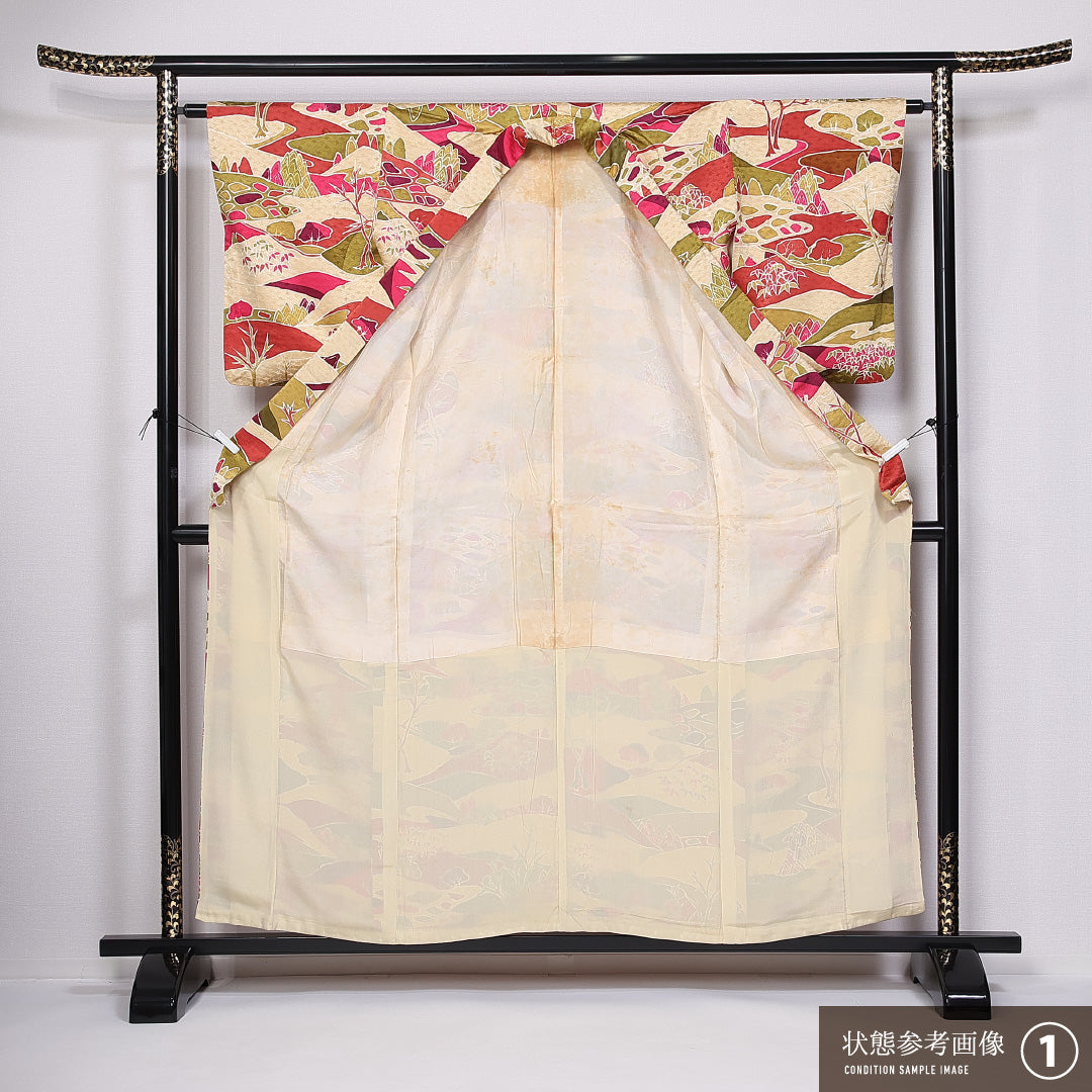 小紋 袷 身丈156cm 裄丈62cm 正絹 Bランク インフォーマル 広衿 Mサイズ 風景柄 ベージュ系 HP 1221-11063