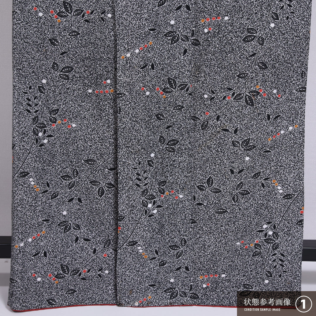 洗える着物 小紋 袷 身丈162cm 裄丈66cm ポリエステル Aランク インフォーマル 広衿 Lサイズ たたき染め 植物柄 黒系 RP 1221-11652
