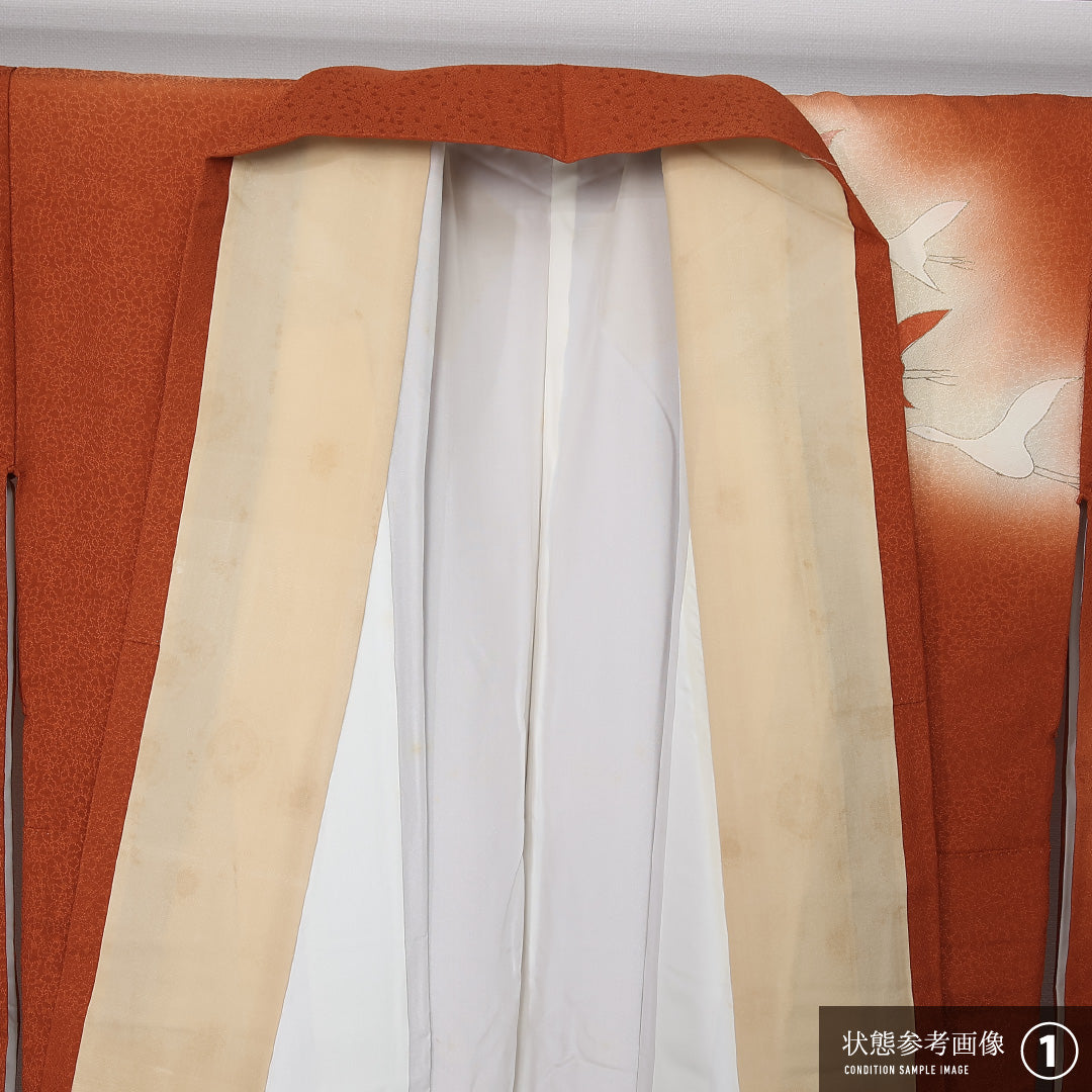 付下げ 袷 身丈153cm 裄丈63cm 正絹 Aランク インフォーマル 広衿 Sサイズ ぼかし染 金彩 千鳥 波 朱系 HP 1218-11974
