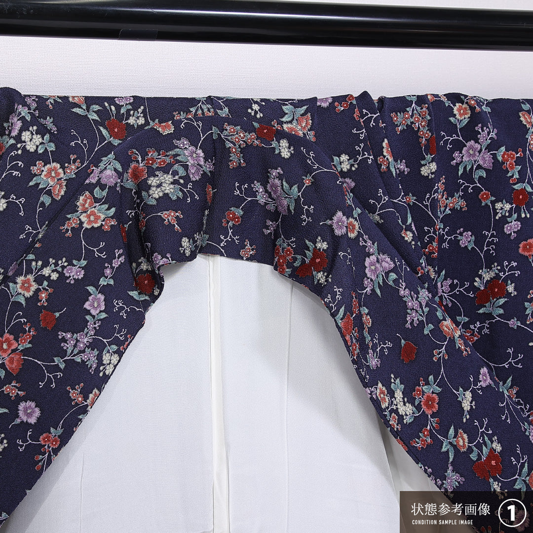 紬 袷 身丈160cm 裄丈62cm 正絹 Aランク カジュアル 広衿 Lサイズ 撫子 紺系 RP 1223-11290