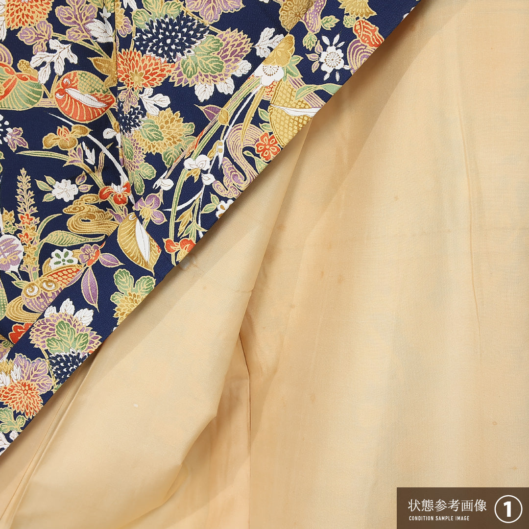 小紋 身丈155cm 裄丈66cm Aランク M 正絹 袷 バチ衿 吉祥文様 花柄 植物柄 京紅型 カジュアル 紺系 1215-12032