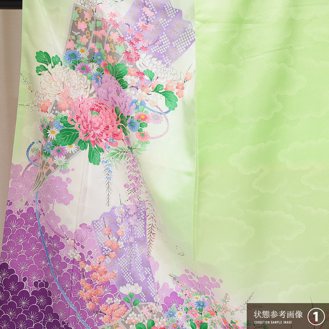 訪問着 洗える着物 袷 身丈158cm 裄丈62cm ポリエステル Bランク Mサイズ 広衿 セミフォーマル 吉祥文様 緑系 1212-14923