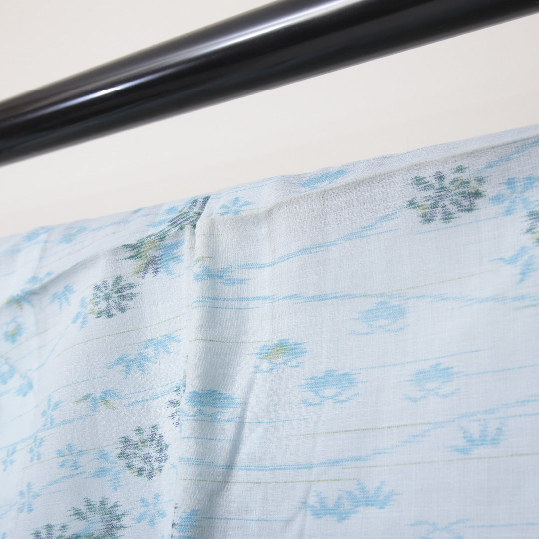 小紋 洗える着物 単衣 身丈148cm 裄丈62cm 綿麻 Bランク XSサイズ バチ衿 インフォーマル 居敷当て 肩当て 流水 笹 水色系 1215-02206