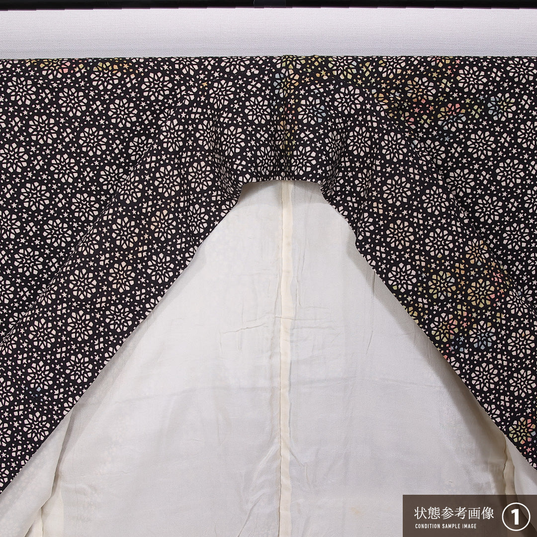 小紋 袷 身丈154cm 裄丈64cm 正絹 Aランク インフォーマル 広衿 Sサイズ 花柄 星 茶系 HP 1221-11066