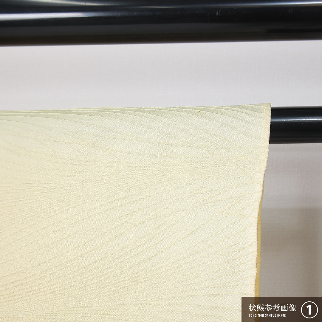 色無地 身丈150cm 裄丈64cm Cランク S 正絹 単衣 広衿 地紋あり 一つ紋 五三桐 創作 セミフォーマル 黄系 1214-12222