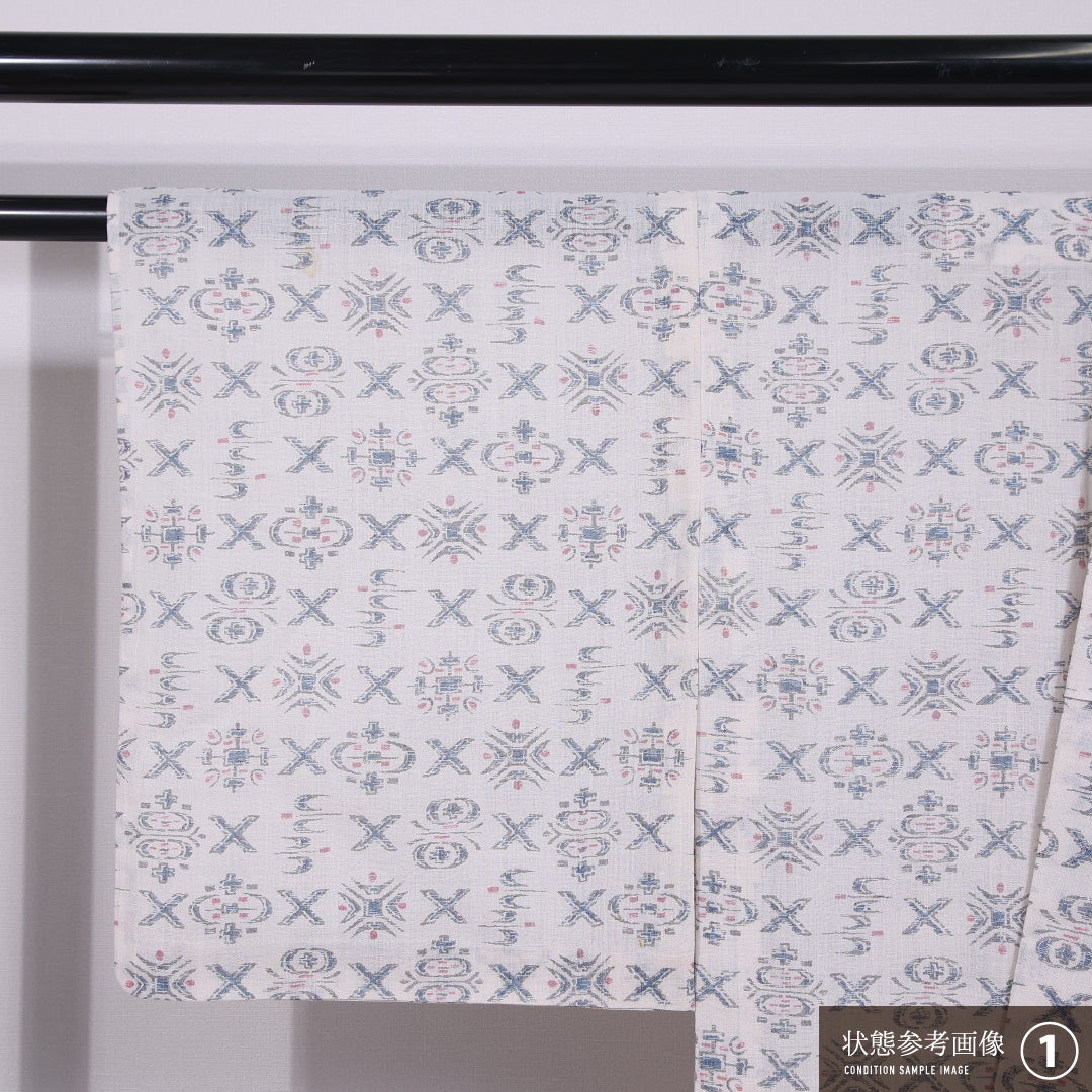 小紋 単衣 身丈160cm 裄丈63cm 正絹 Aランク インフォーマル バチ衿 Lサイズ 創作柄 白系 HP 1221-11725