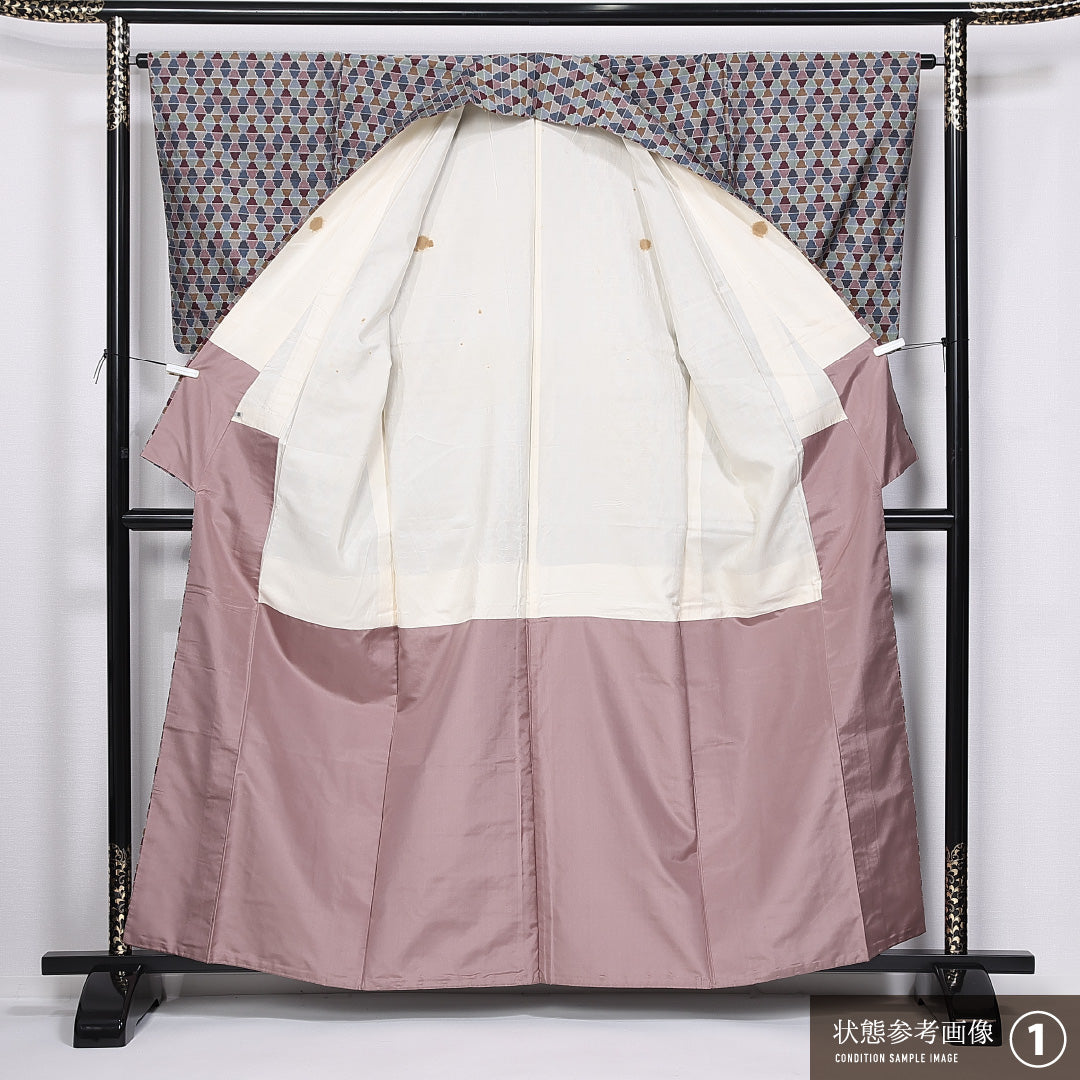 紬 袷 身丈160cm 裄丈63cm 正絹 Bランク カジュアル バチ衿 Lサイズ 創作柄 グレー系 RP 1223-11233