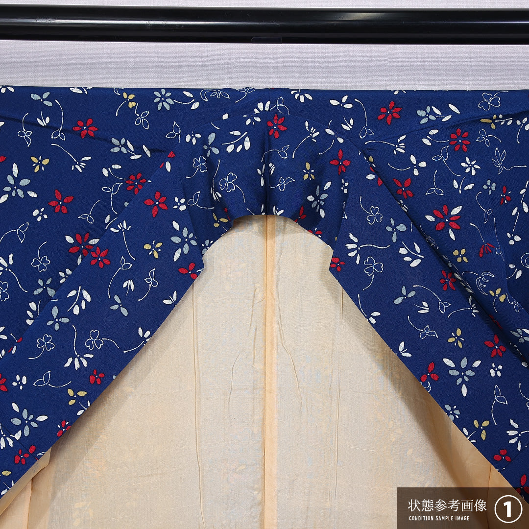 小紋 袷 身丈158cm 裄丈63cm 正絹 Aランク インフォーマル 広衿 Mサイズ 花柄 紺系 HP 1221-11058