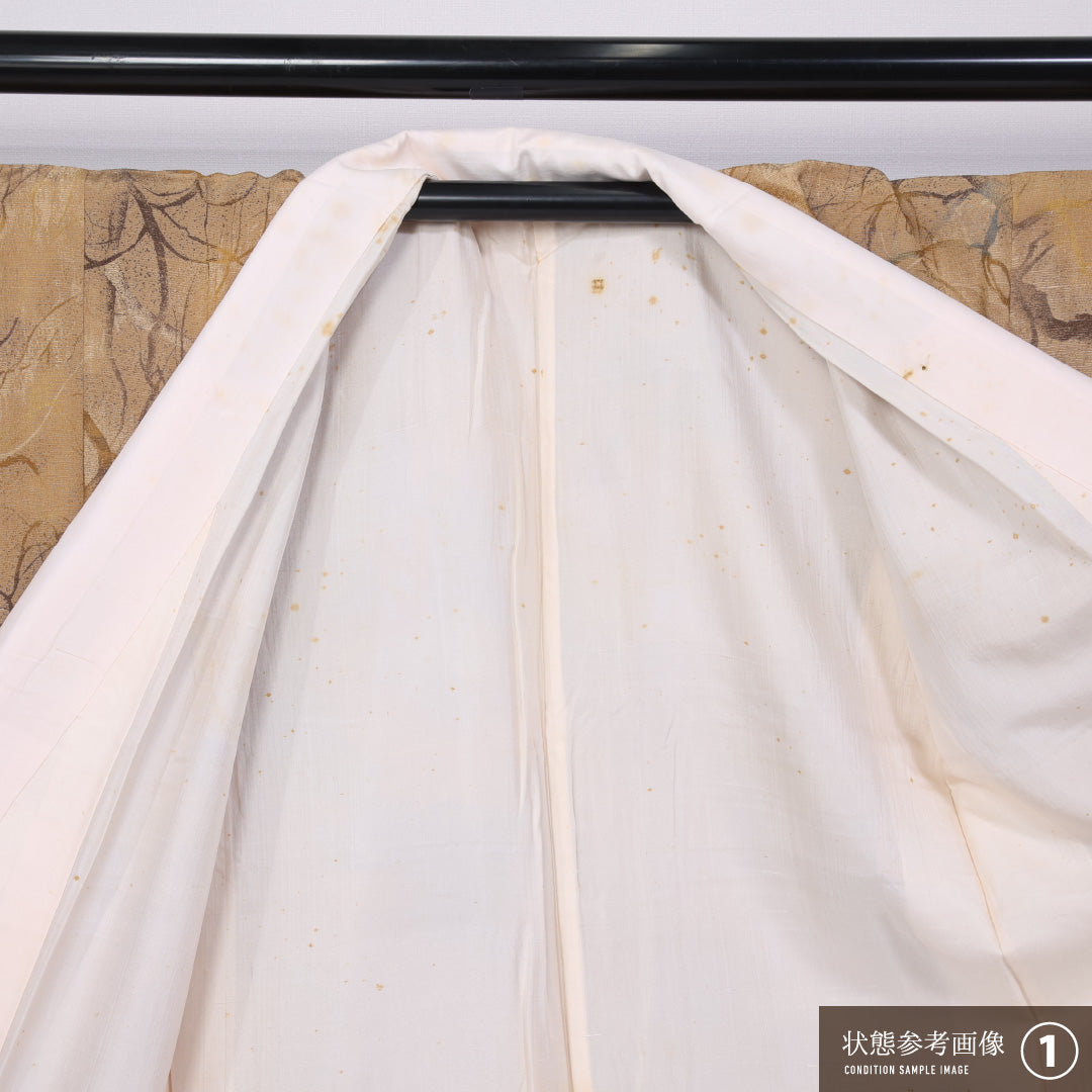 小紋 袷 身丈151cm 裄丈62cm 正絹 Aランク インフォーマル 広衿 Sサイズ 植物柄 茶系 M4 1221-11397