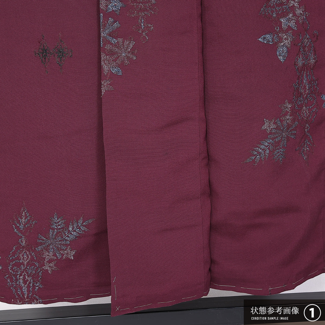 お召 袷 身丈147cm 裄丈61cm 正絹 Aランク インフォーマル 広衿 XSサイズ 漆糸 植物柄 紫系 RP 1222-11106