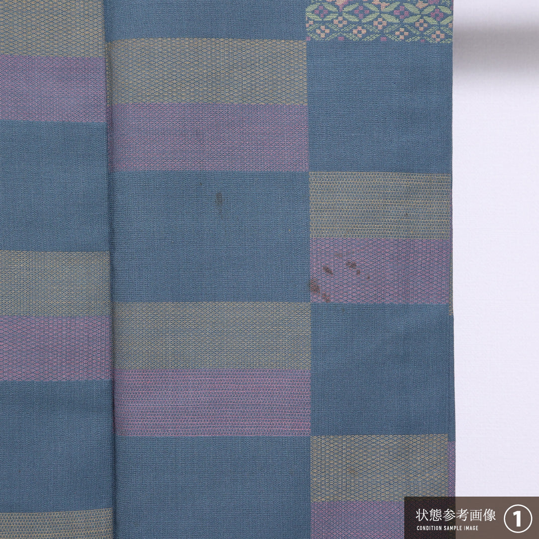 洗える着物 ウールの紬 単衣 身丈158cm 裄丈62cm ウール Bランク カジュアル バチ衿 Mサイズ 市松 青系 HP 1223-11556