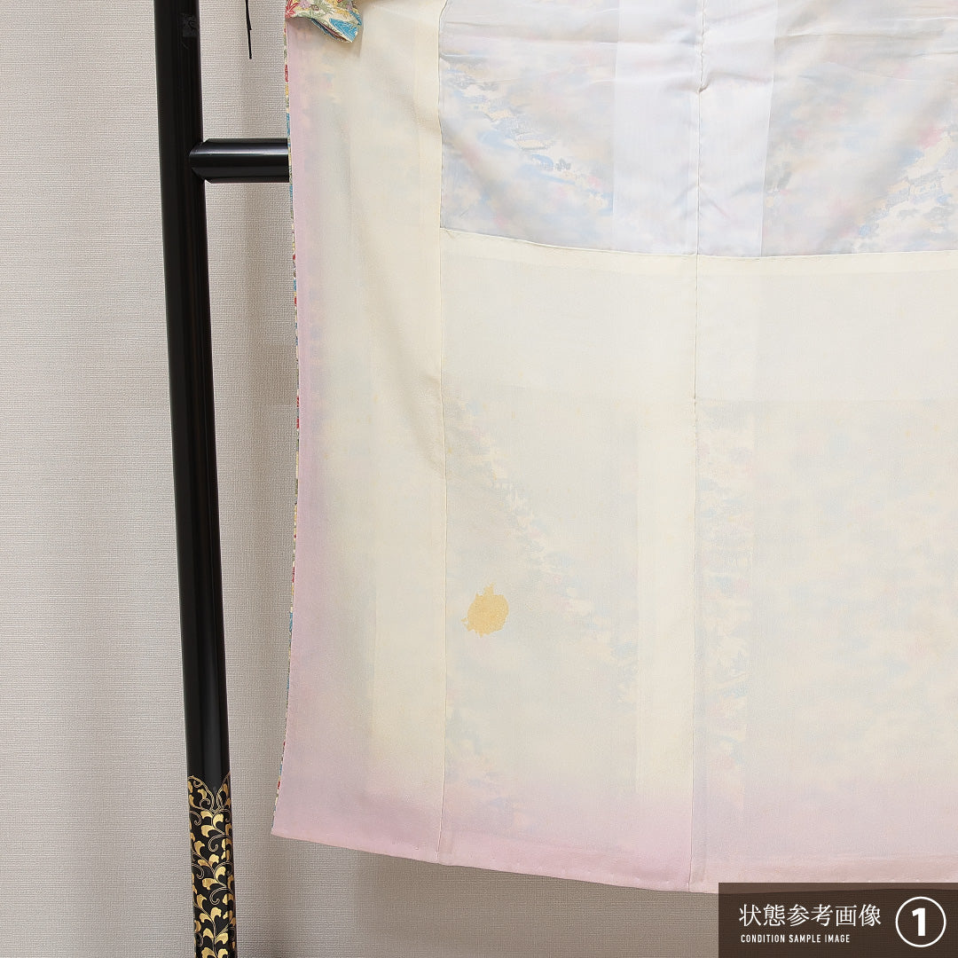小紋 袷 身丈147cm 裄丈61cm 正絹 Sランク インフォーマル バチ衿 XSサイズ 楼閣 花柄 クリーム系 RP 1221-14933