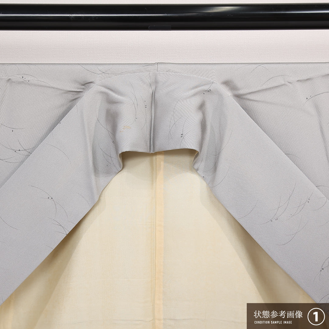 小紋 袷 身丈159cm 裄丈63cm 正絹 Aランク インフォーマル 広衿 Mサイズ 露芝草 グレー系 RP 1221-13334
