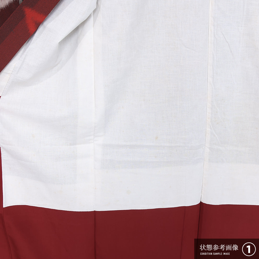 アンティーク 銘仙の着物 袷 身丈148cm 裄丈61cm 正絹 Aランク バチ衿 XSサイズ 桐生銘仙 幾何学柄 赤系 M4 1223-11985