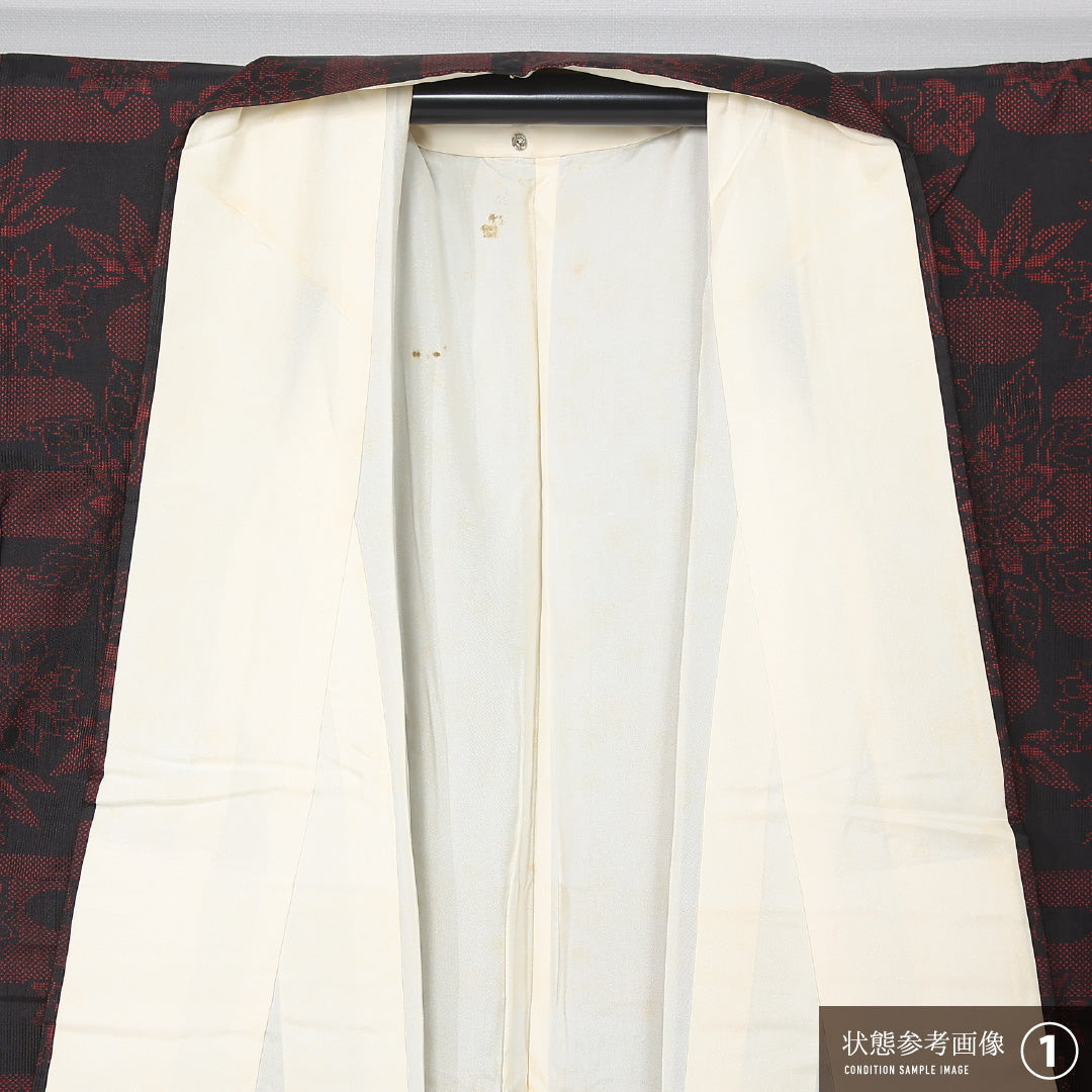 紬 袷 身丈160cm 裄丈64cm 正絹 Aランク カジュアル 広衿 Lサイズ エ霞 花柄 黒系 HP 1223-12155