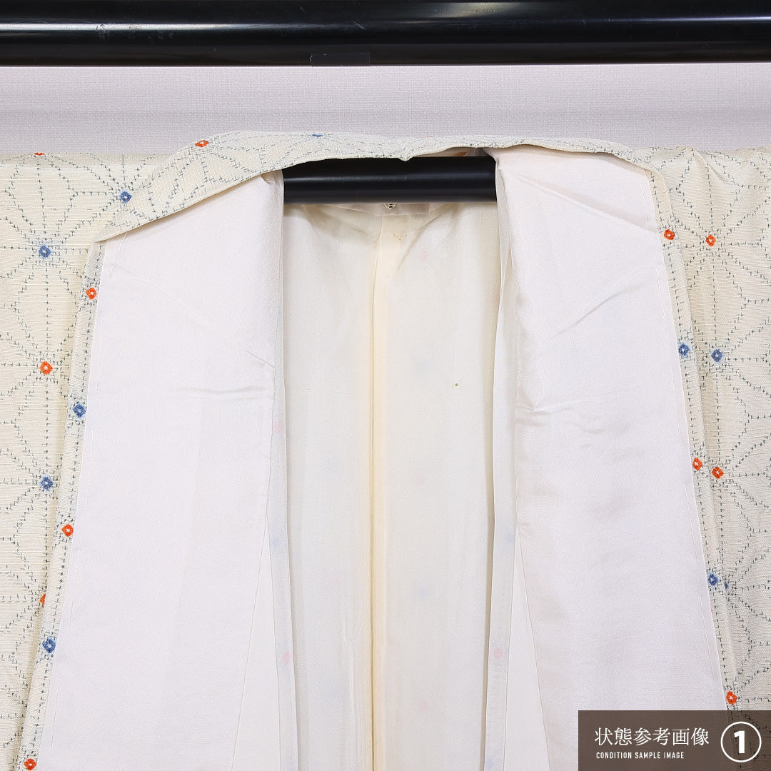 小紋 袷 身丈166cm 裄丈64cm 正絹 Aランク インフォーマル 広衿 XLサイズ 麻の葉 ベージュ系 RP 1221-11355