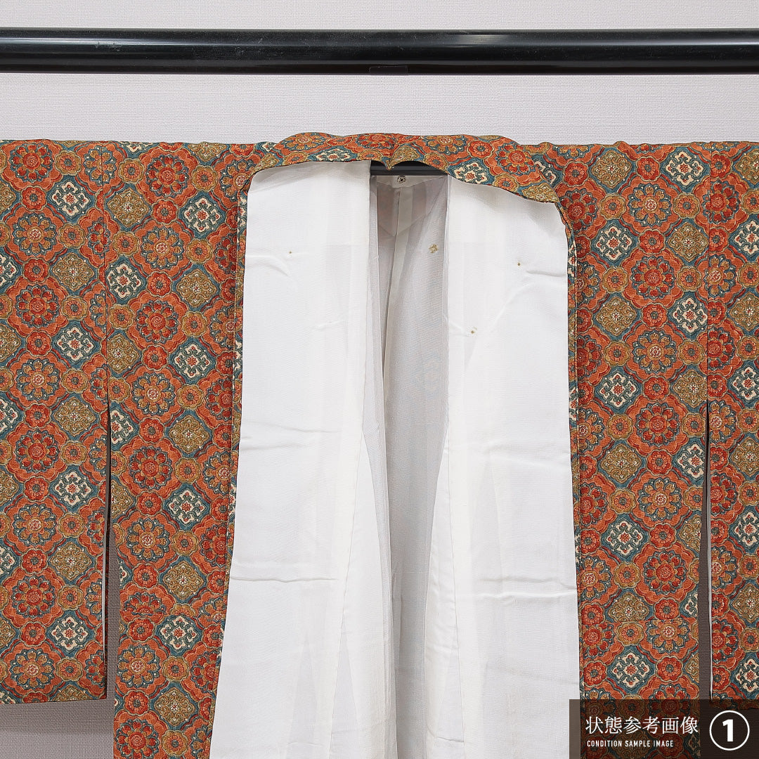 小紋 袷 身丈159cm 裄丈66cm 正絹 Aランク インフォーマル 広衿 Mサイズ 唐華 茶系 RP 1221-15620