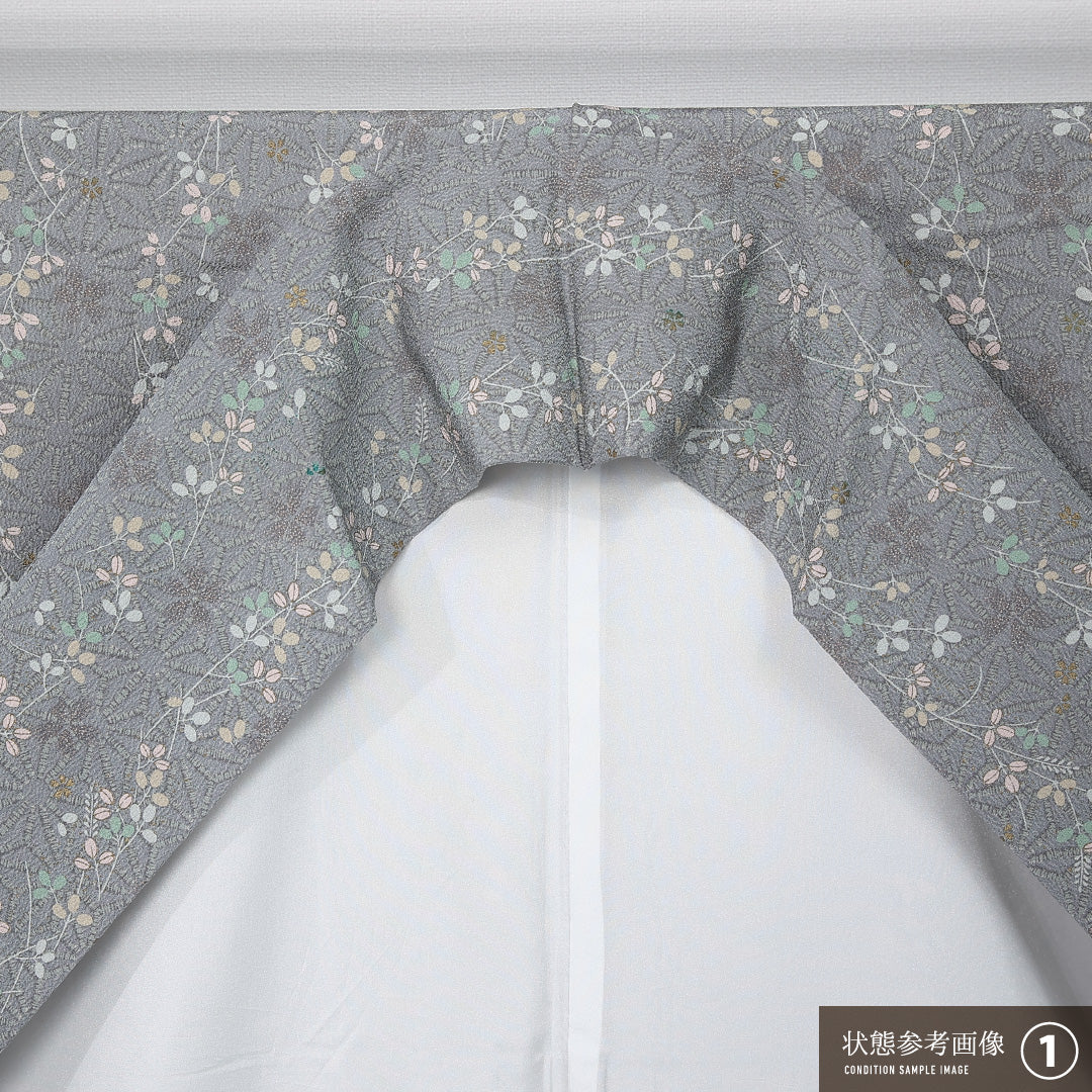 洗える着物 小紋 袷 身丈164cm 裄丈67cm ポリエステル Aランク インフォーマル 広衿 Lサイズ 麻の葉 桜 萩 グレー系 HP 1221-11936