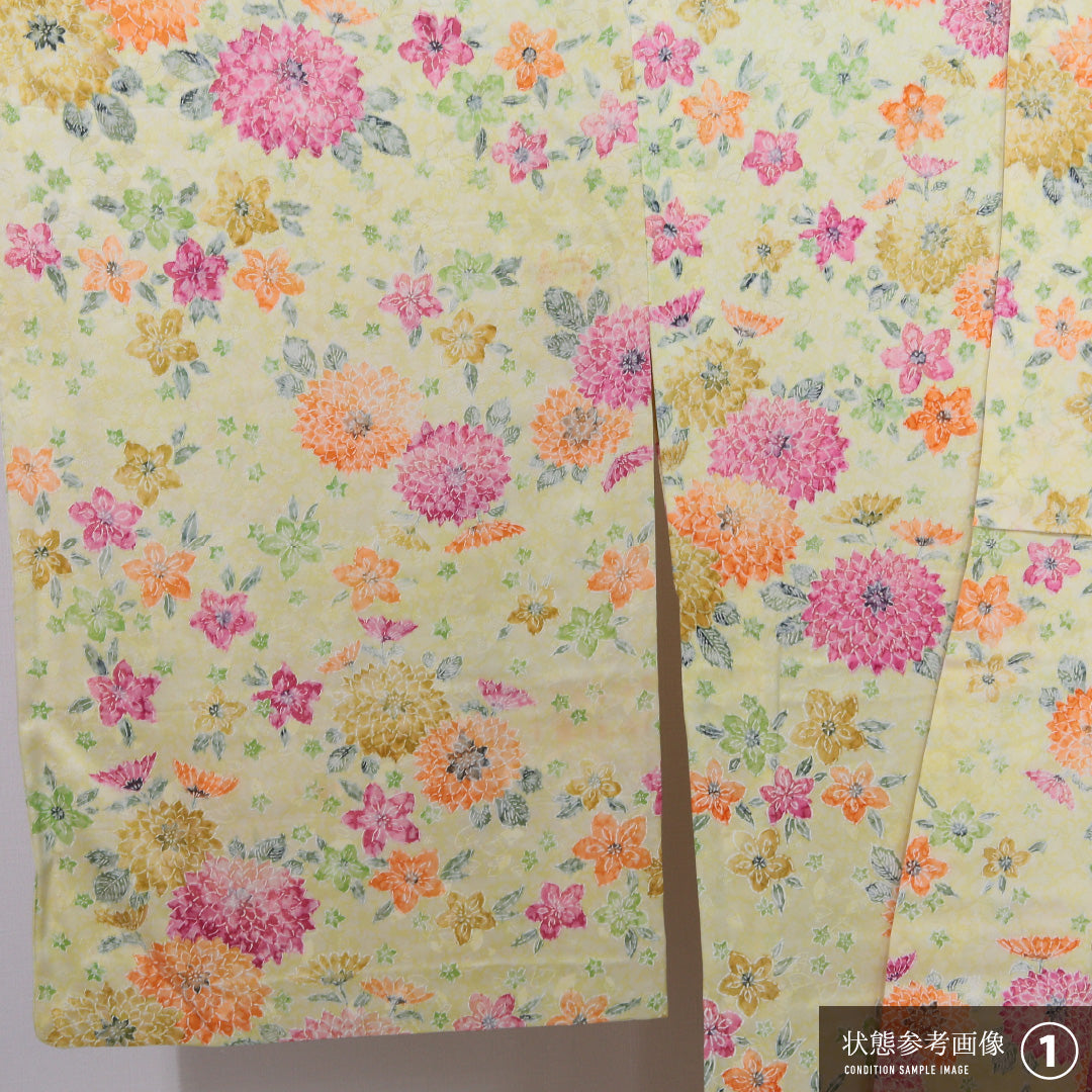 小紋 単衣 身丈156cm 裄丈63cm 正絹 Bランク インフォーマル 広衿 Mサイズ 花柄 黄系 HP 1221-12333