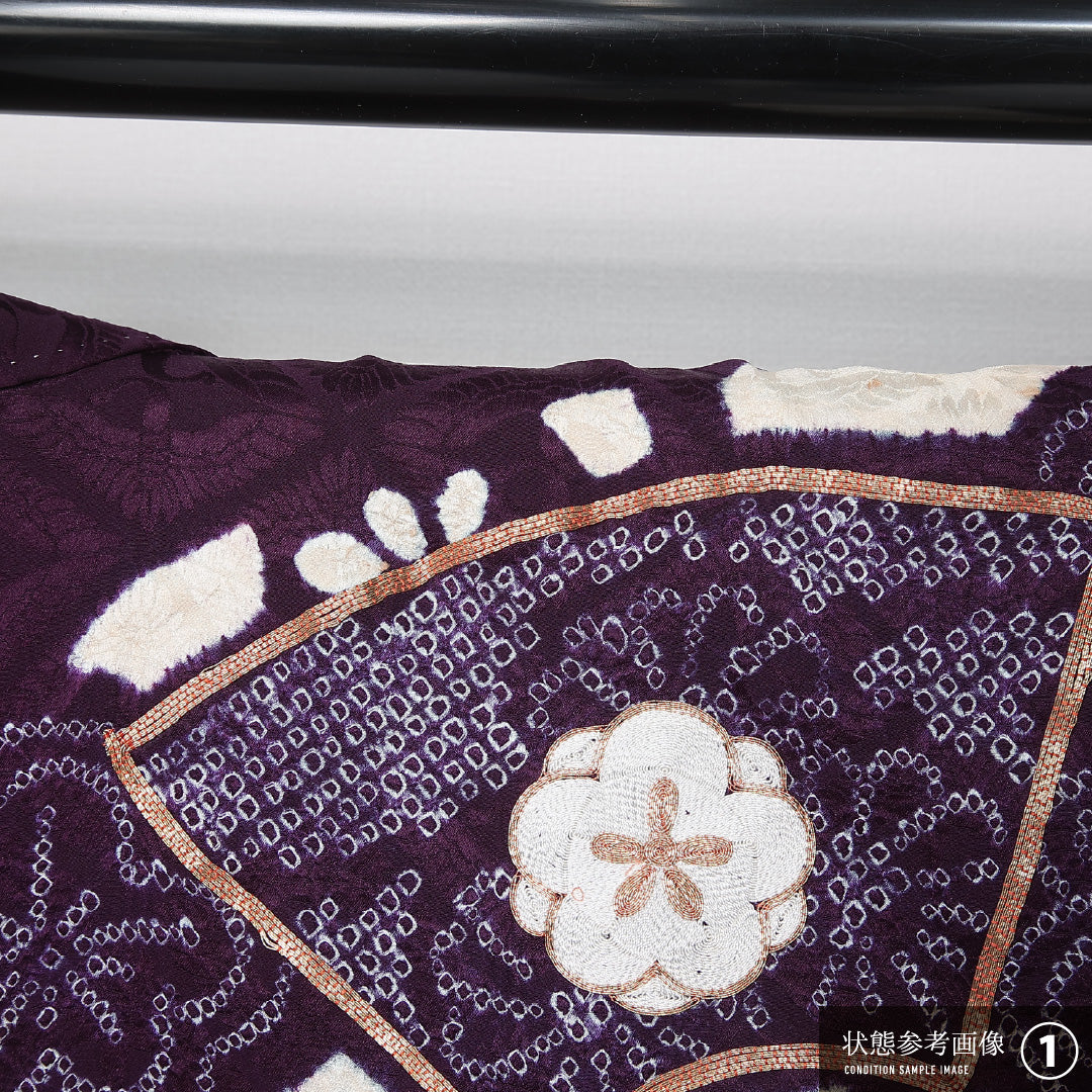 振袖 身丈158cm 裄丈64cm Aランク 袷 正絹 XL 広衿 絞り 金駒刺繍 吉祥文様 扇 古典柄 桜 花柄 紫系 1213-F0437