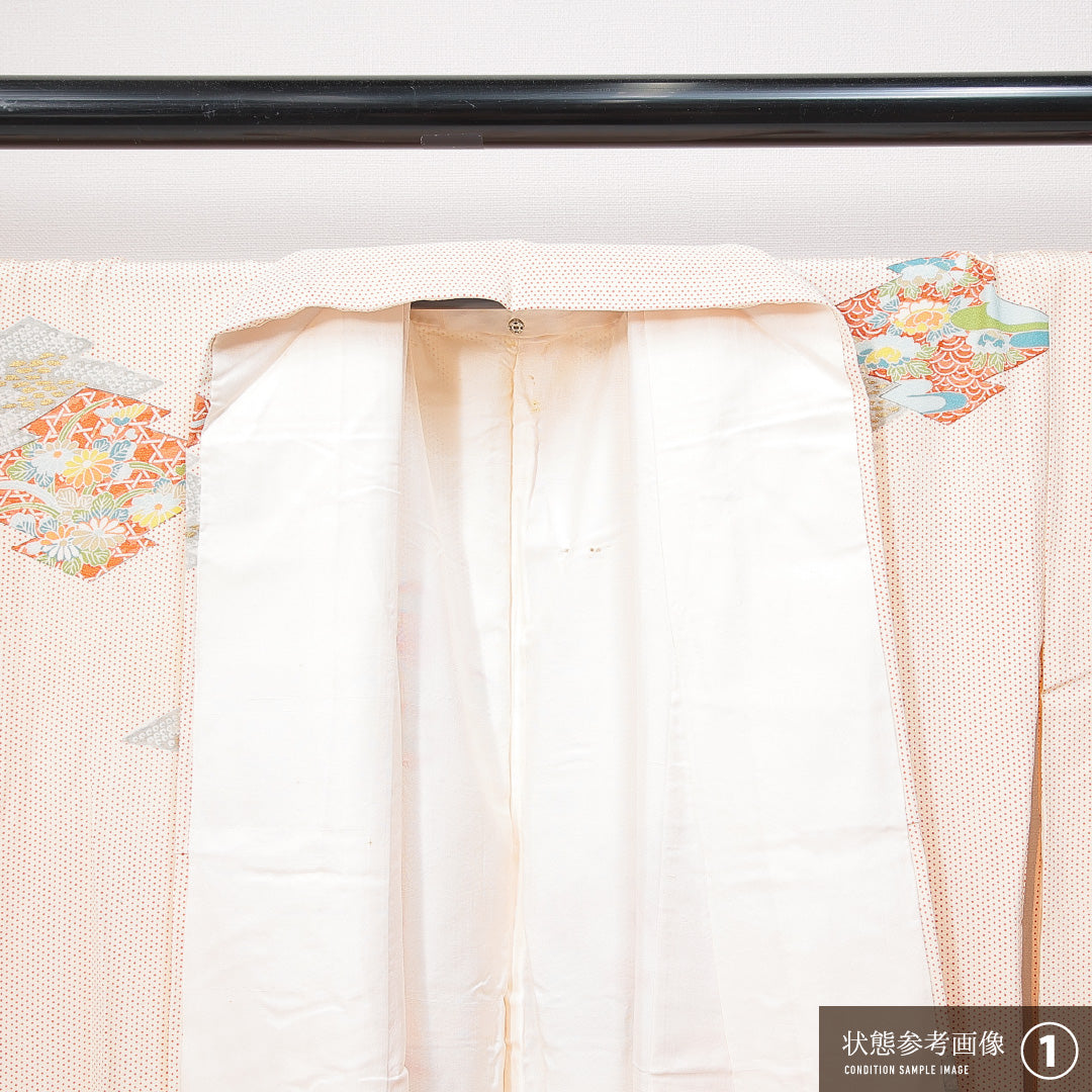 小紋 袷 身丈159cm 裄丈63cm 正絹 Sランク インフォーマル 広衿 Mサイズ 松皮菱 吉祥文様 ベージュ系 RP 1221-14884