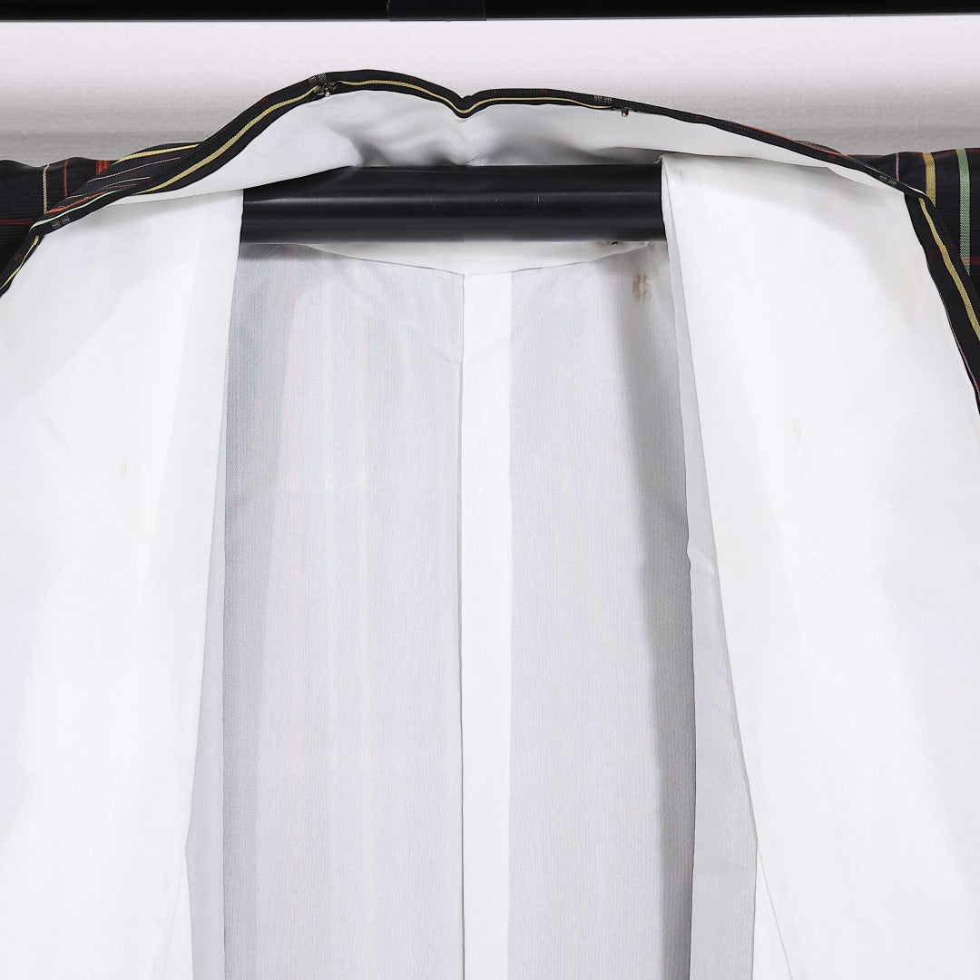 アンサンブル 大島紬 袷 身丈157cm 裄61.5cm 正絹 格子 道中着 黒系 Sランク 1216-01476