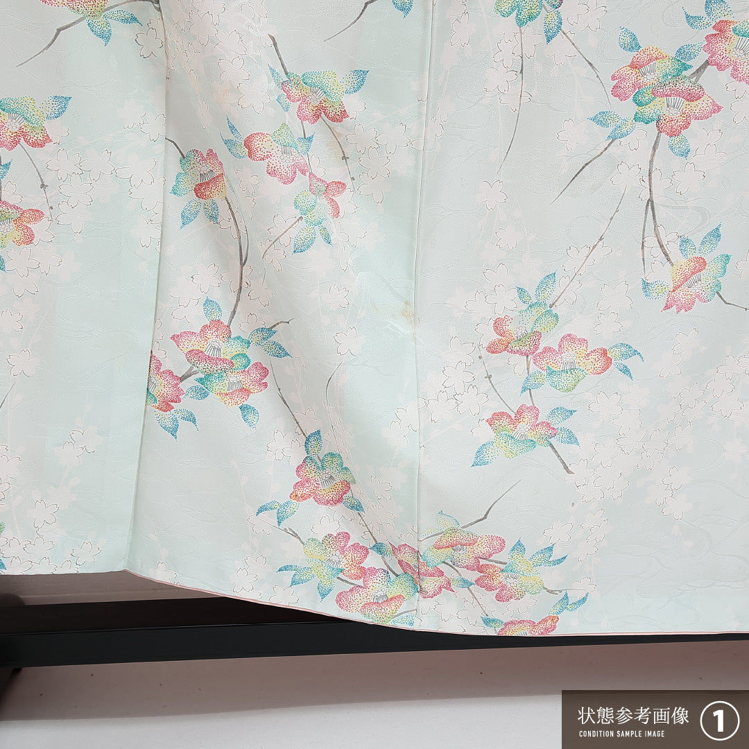洗える着物 小紋 袷 身丈154cm 裄丈63cm ポリエステル Aランク インフォーマル バチ衿 Sサイズ 花柄 水色系 HP 1221-14284