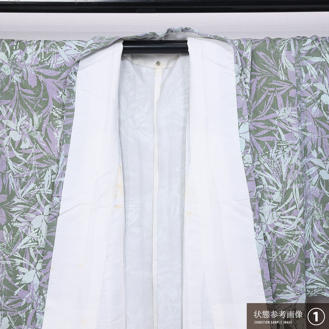 小紋 袷 身丈161cm 裄丈62cm 正絹 Bランク インフォーマル 広衿 Lサイズ 植物柄 緑系 RP 1221-11271