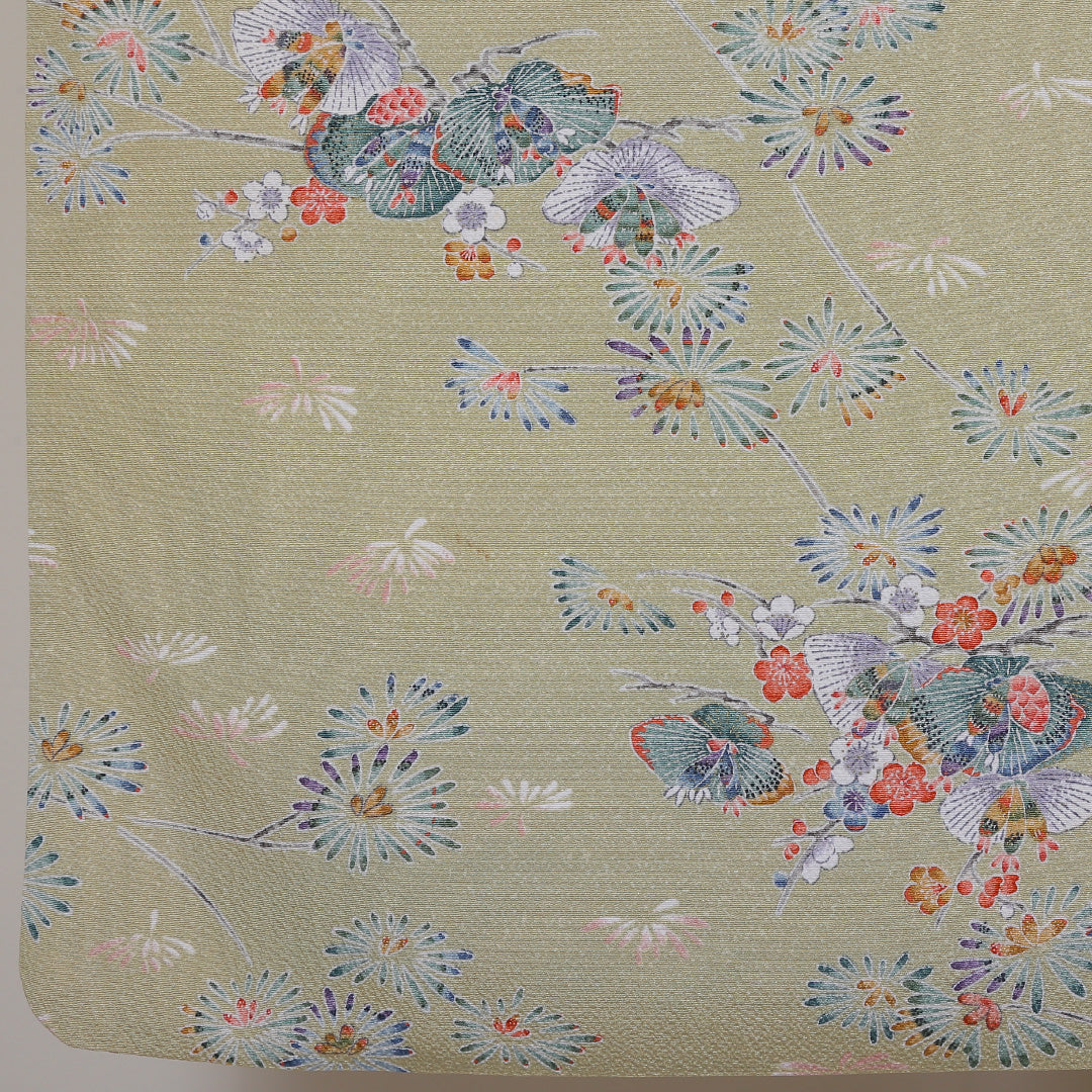 小紋 袷 身丈166cm 裄丈66cm 正絹 Aランク XLサイズ 広衿 インフォーマル ちりめん 梅 松 緑系 茶系 1215-01805